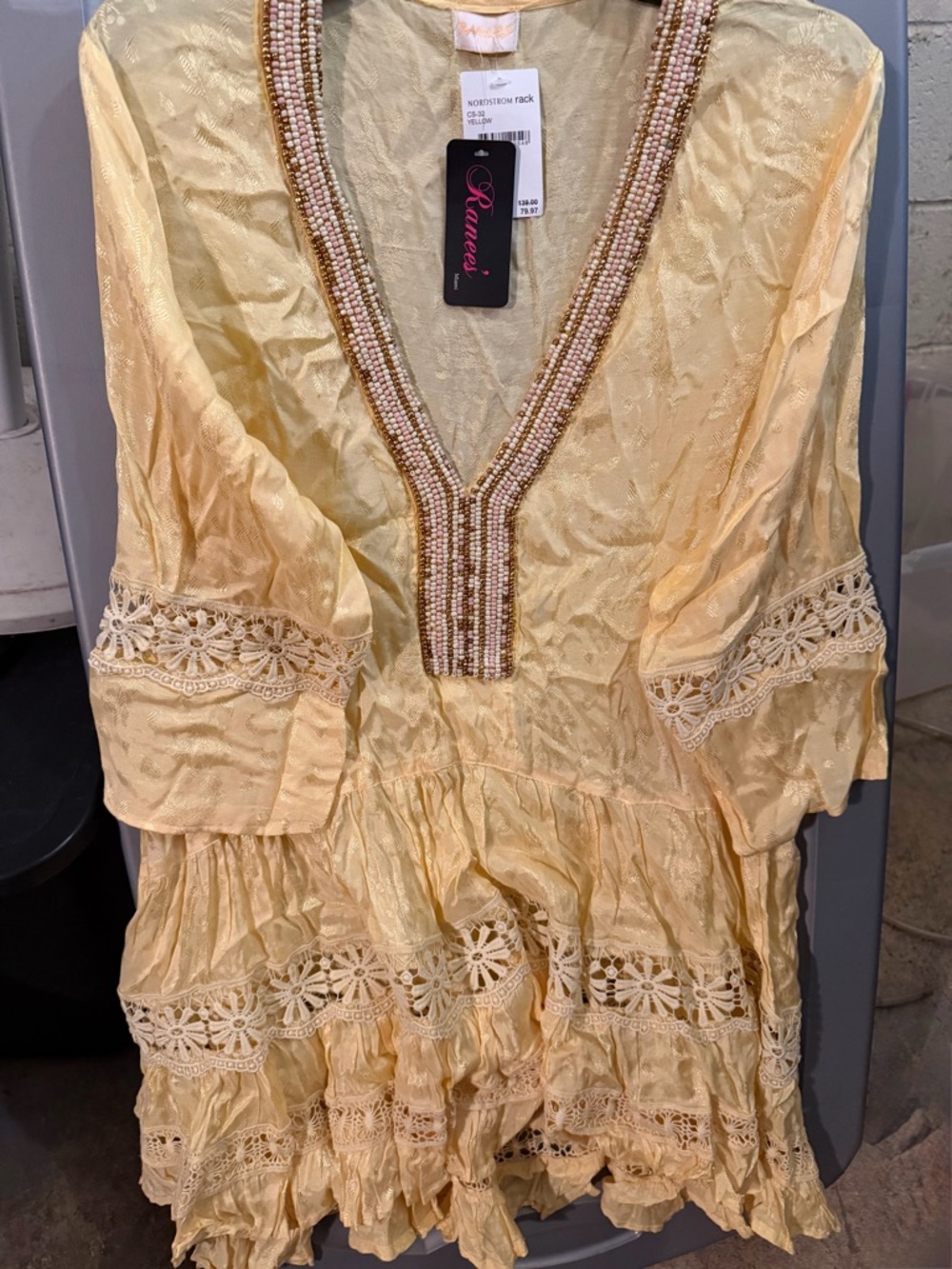 Renee's Pale Yellow Beaded V-Neck Mini Dress